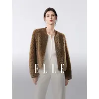 【100%绵羊毛】ELLE女装毛绒短外套2025冬季新款上衣EF53031