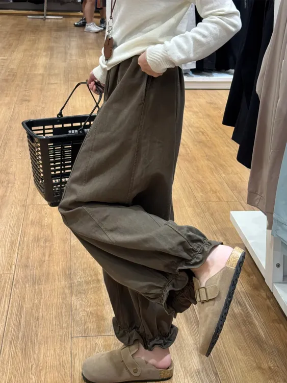 咖色九分花苞灯笼裤女秋新款胖妹妹mm宽松显瘦工装阔腿气球休闲裤