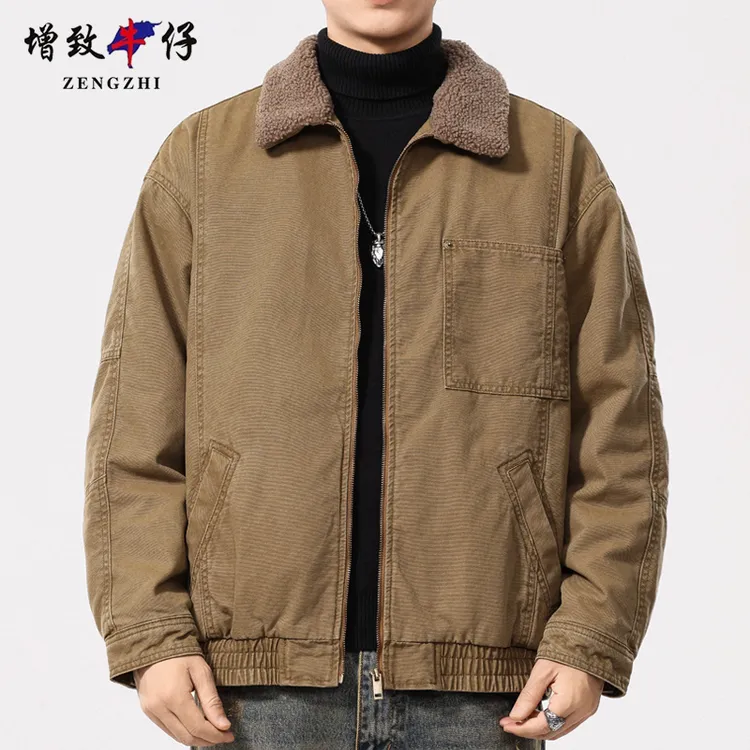 增致牛仔秋冬季加绒加厚休闲外套男士加棉羊羔绒衣服夹克保暖纯色