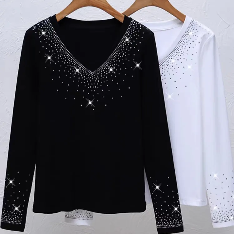 冬季新款重工镶钻V领正肩长袖T恤遮肉显瘦打底上衣