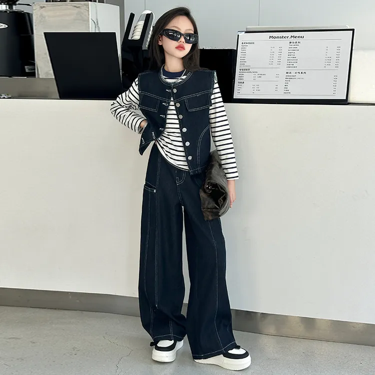 [专柜品质]女童套装春秋款2025新款儿童春装潮酷帅马甲牛仔三件套