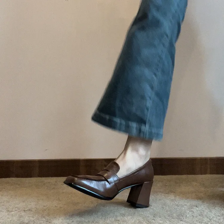 UHCK粗跟高跟鞋女秋2025新款黑色英伦风乐福鞋气质方头单鞋