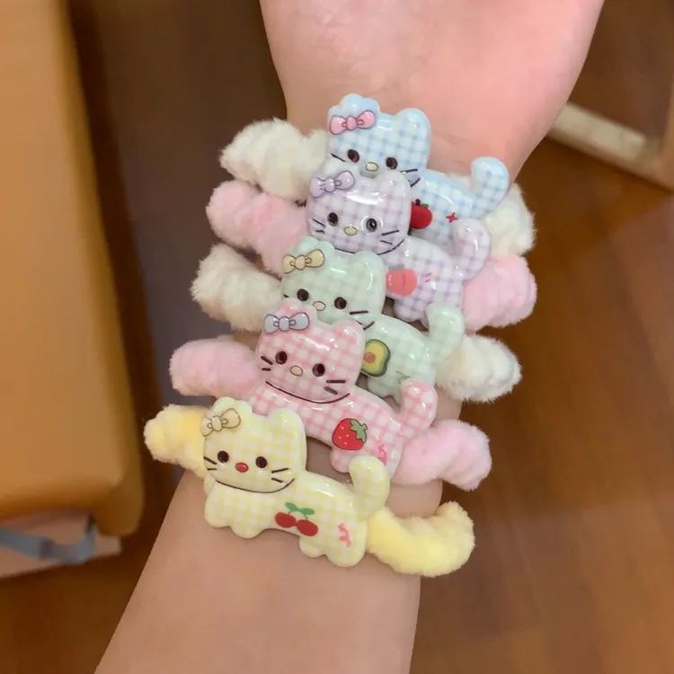 kt猫毛绒发绳可爱高弹力格纹猫咪头绳ins少女心发圈甜美卡通发饰