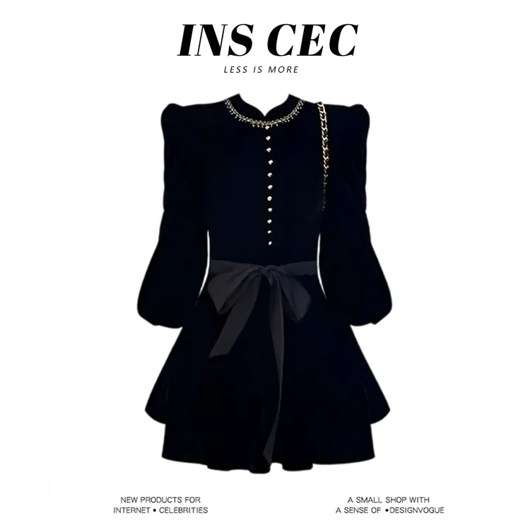 INS CEC【伯拉德千金】赫本风丝绒长袖连衣裙女蝴蝶结收腰小黑裙