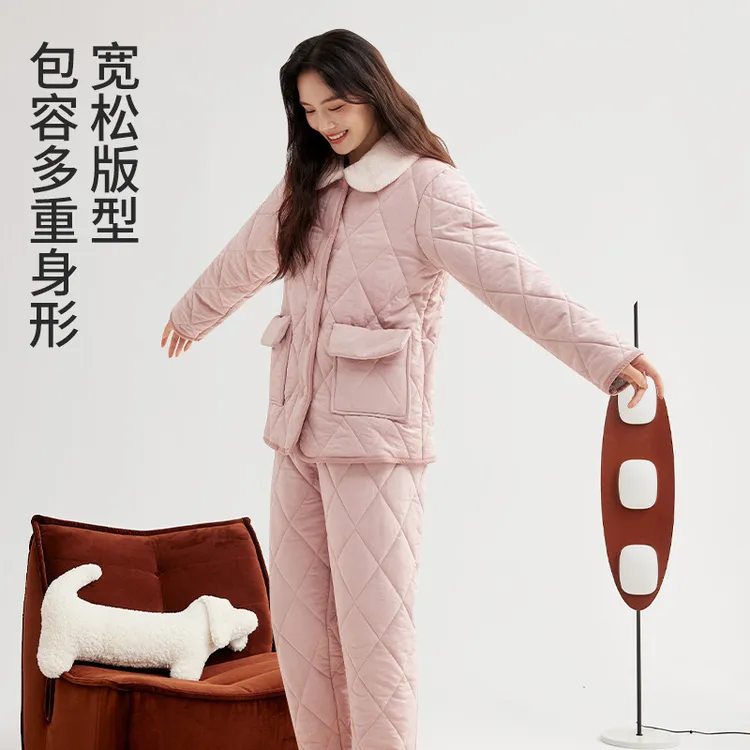 A类三层夹棉加厚保暖睡衣女撞色翻领秋冬季睡衣女士家居服套装