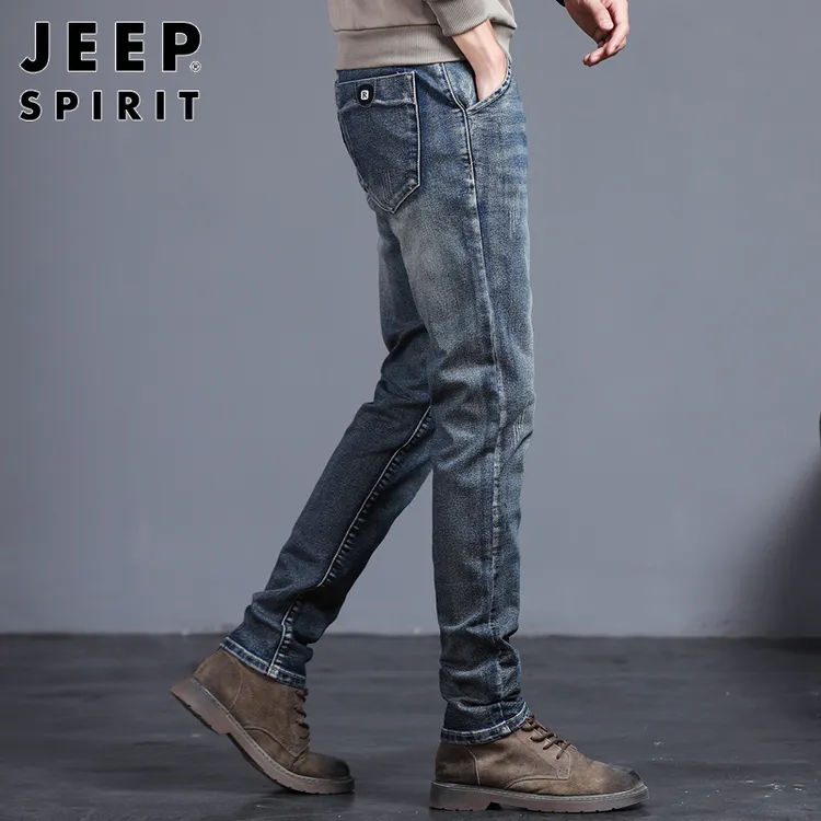 JEEPSPIRIT牛仔裤男士春秋修身小脚弹力休闲美式复古水洗直筒裤子