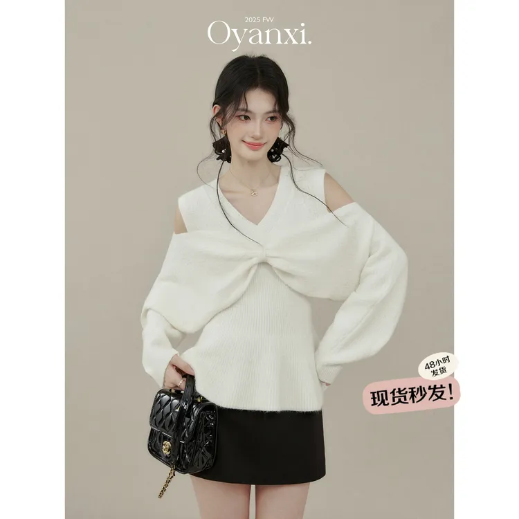 欧阳喜《松露可可》蝴蝶结v领长袖白色针织毛衣女冬套头内搭上衣