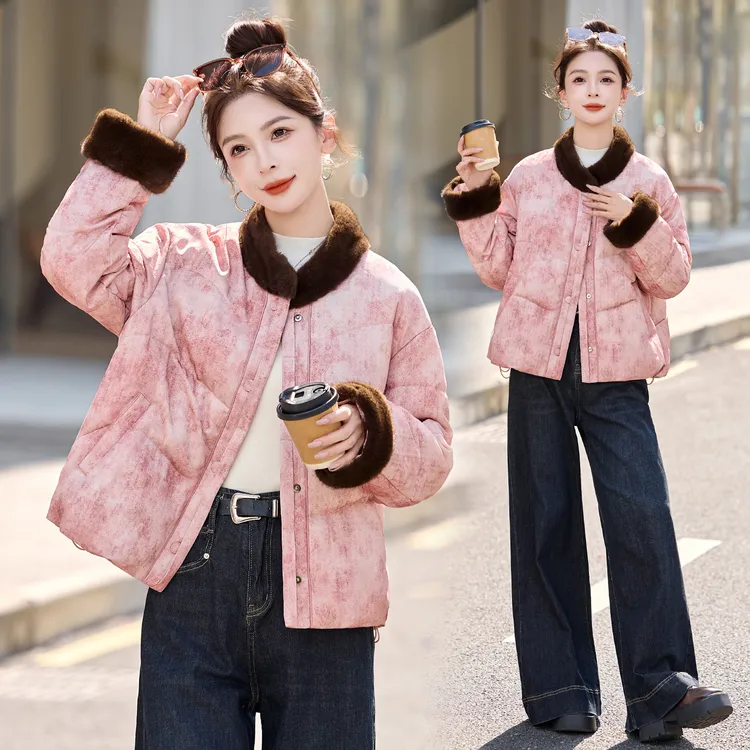 新中式国风毛绒拼接羽绒服女2025冬季新款优雅气质白鸭绒短款外套