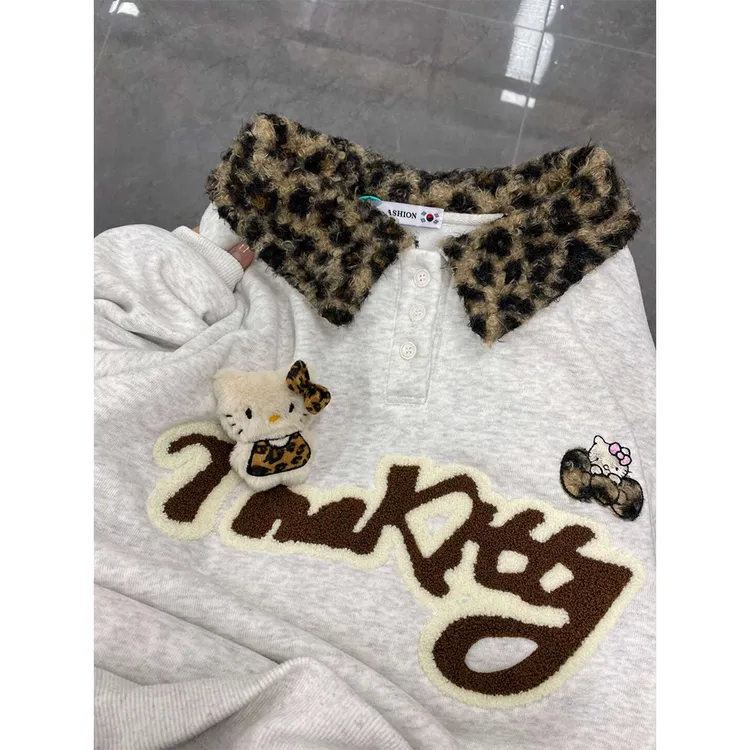 美式复古豹纹拼接撞色翻领卫衣男女可爱kitty猫刺绣宽松无帽上衣
