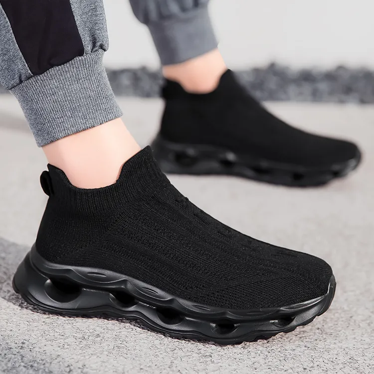 男鞋软底春夏季透气大码增高袜子鞋男士纯黑色网面鞋运动休闲潮鞋