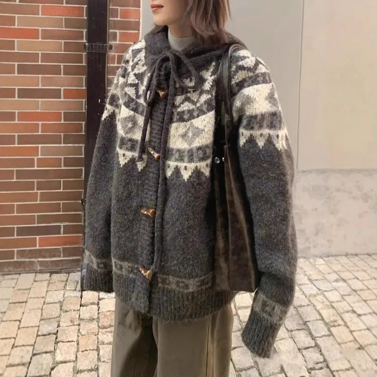 秋冬大码费尔岛古着牛角扣毛衣开衫外套女加厚针织衫慵懒宽松外穿