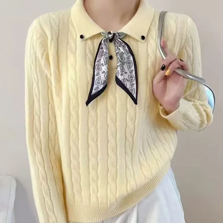 翻领长袖针织女秋季显瘦毛针织衫百搭针织衫套头圆领