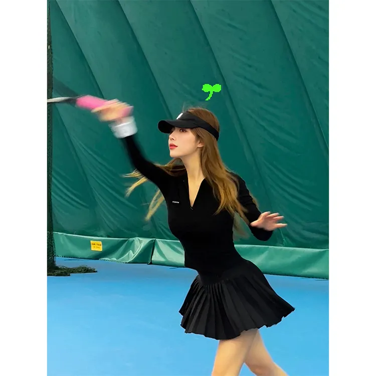 KSKM黑色网球服套装女2025夏季新款轻薄透气显瘦高尔夫球长袖上衣