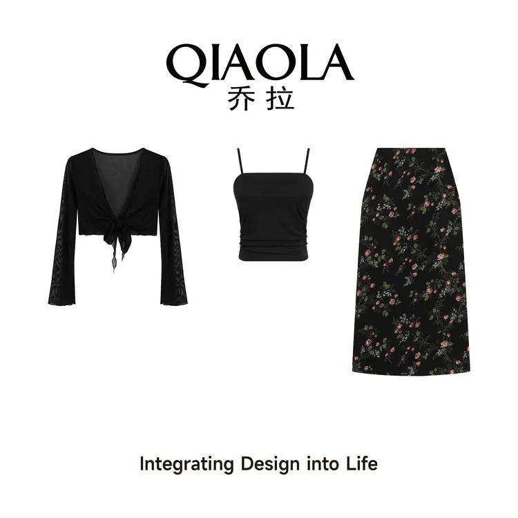QIAOLA/乔拉【墨香逐风】春夏网纱碎花气质时尚百搭三件套装预售