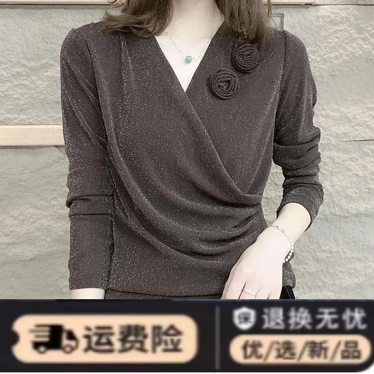 减龄领衫VT恤上衣时尚显瘦秋季长袖洋派打底百搭女士亮丝气质新品