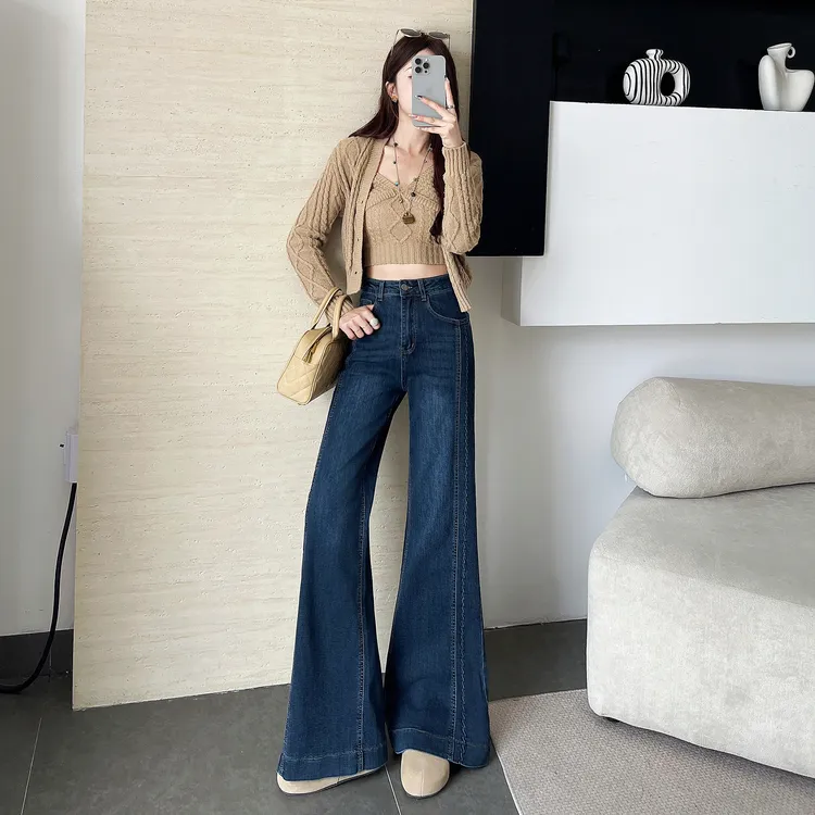 高腰微喇叭牛仔裤女2025秋季蓝灰色新款网红弹力宽松直筒显瘦7953