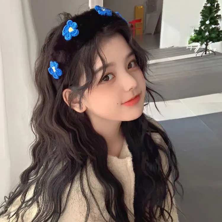 蓝色少女发饰时尚花朵毛绒发箍高颅顶显白小众头箍原创设计日韩风