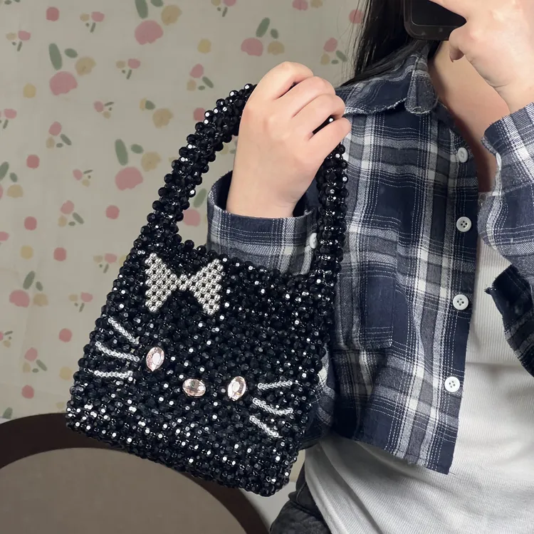 卡通可爱猫咪串珠包手工DIY材料包自制镂空手提送女生生日礼物