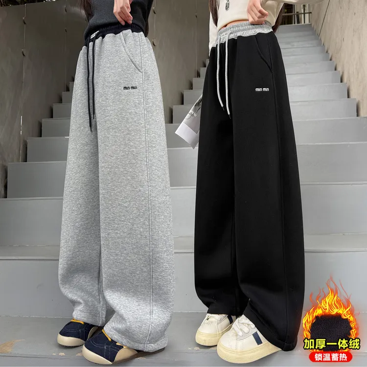 女童加绒卫裤儿童中大童冬季一体绒裤子女孩运动裤直筒裤宽松百搭