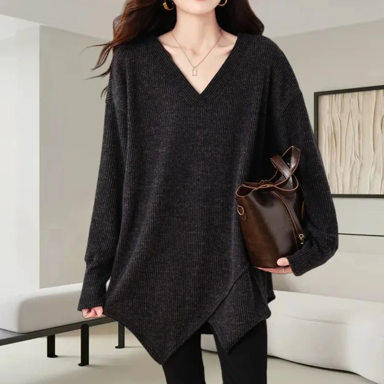 加大300斤可穿大码女V领长袖T恤秋冬洋气减龄宽松显瘦中长款上衣