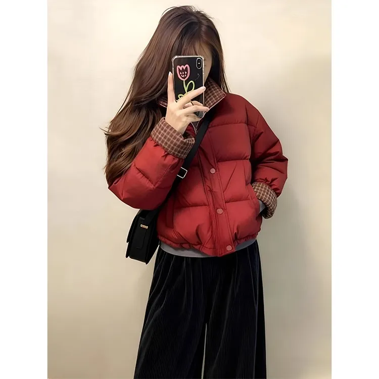 红色格纹翻袖短款棉服女冬季新款立领设计感外套灯芯绒阔腿裤套装