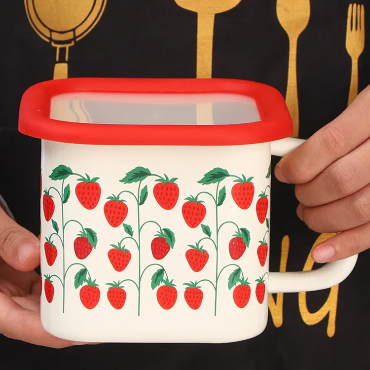 欧丽家厚实日式珐琅搪瓷泡面杯方形泡面碗带盖饭盒储物罐保鲜盒