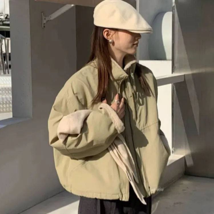 短款2025仿羊羔毛双拉链派克服女小个子韩版休闲宽松棉服外套