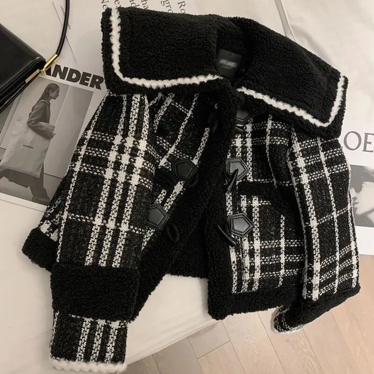 冬季加绒加厚格子小香风仿羊羔毛外套女韩版羊羔绒短款显瘦上衣