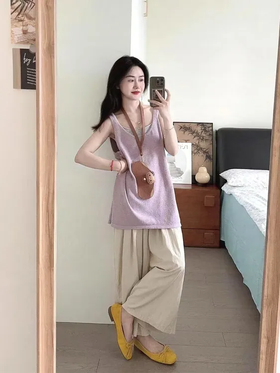 韩系紫色宽松显瘦无袖吊带背心女夏季休闲高腰直筒阔腿裤两件套装