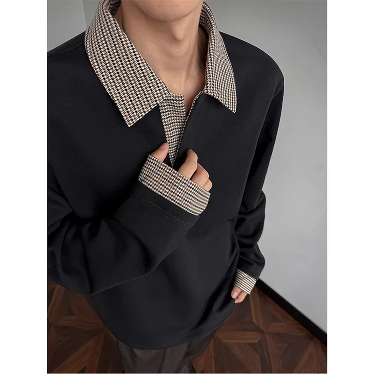 千鸟格拼接polo衫卫衣男款美式复古老钱风长袖t恤潮牌休闲打底衫