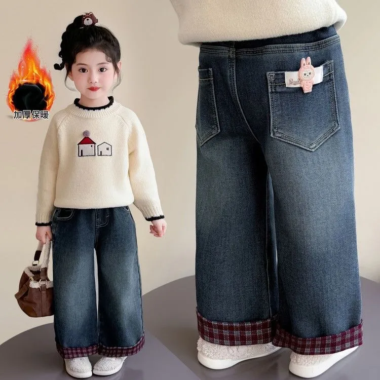 女童裤子秋冬红格牛仔裤2025新款儿童洋气冬季加绒宝宝直筒阔腿裤