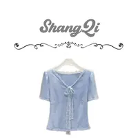 【海盐天空上衣】蓝色显瘦飘带蕾丝设计感上衣--K703卡码拍小
