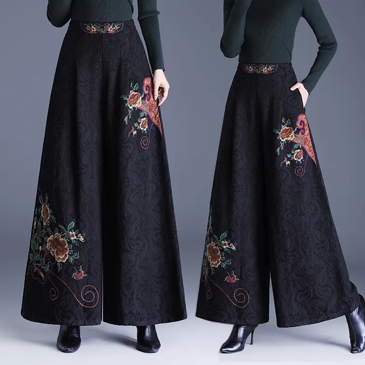 高腰刺绣大摆阔腿裤2025冬季新款民族风金丝松紧腰宽松大码休闲裤