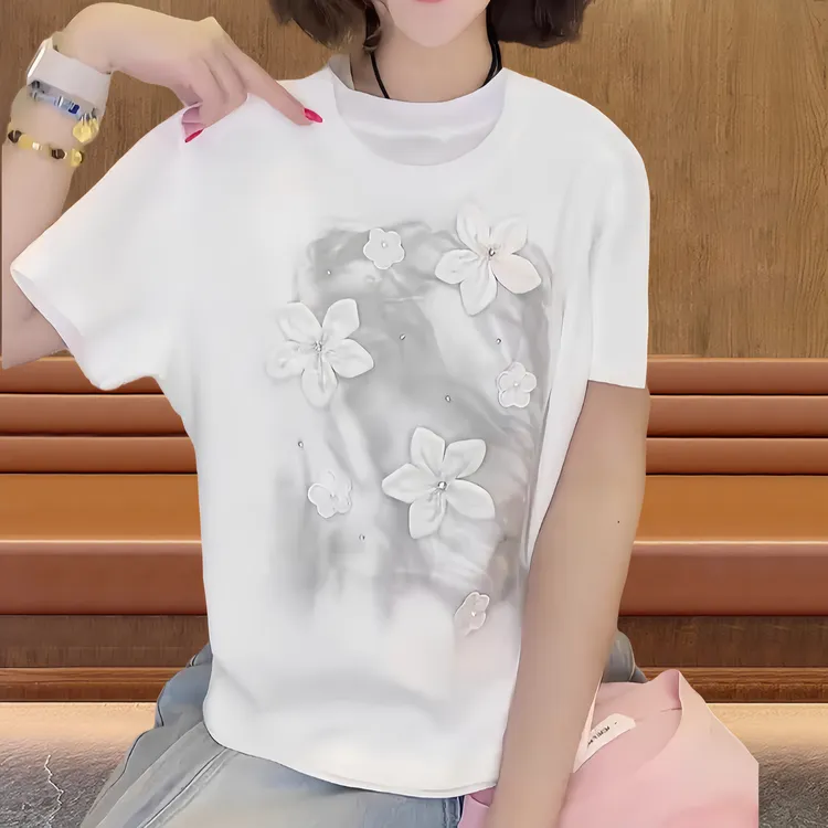 纯棉欧货时尚圆领立体花朵洋气衣服女2025夏新款百搭显瘦短袖上衣