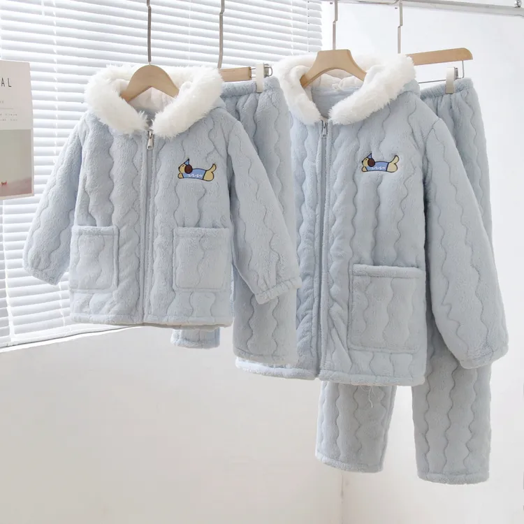 冬季儿童家居服套装女童加绒加厚棉睡衣拉链款带帽宝宝中大童套装