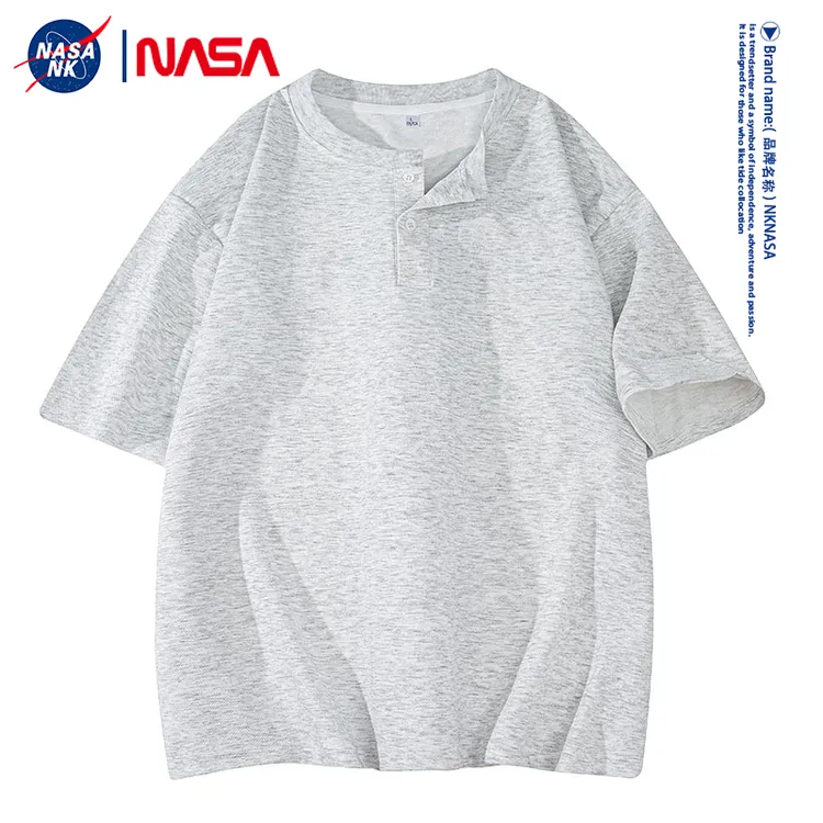 NASA联名亨利领百搭短袖t恤男士夏季美式重磅宽松半袖潮牌T恤上衣
