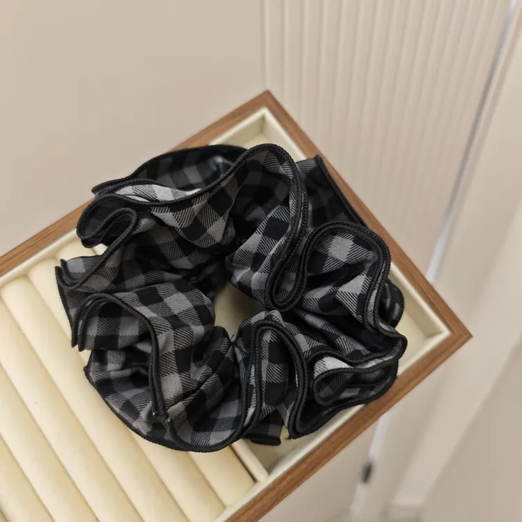 韩系赵露思许妍同款格纹头花大肠发圈百搭低马尾丸子头发绳发饰品