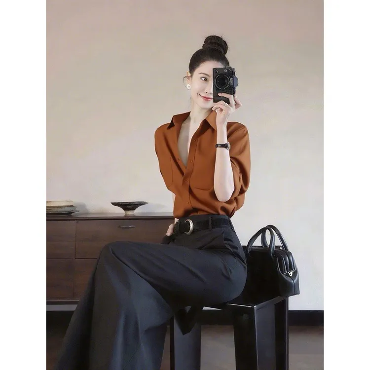 洋气翻领薄款25秋季焦糖色长袖衬衫女polo领衬衣上衣半裙两件套