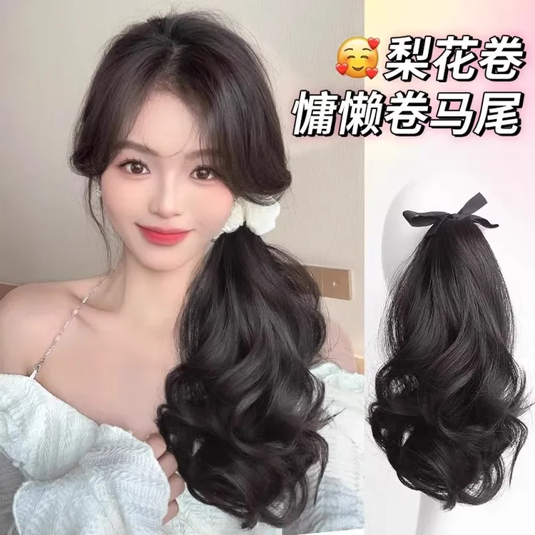 假发双马尾绑带式大波浪长卷发捆绑式马尾辫女片假蝴蝶结
