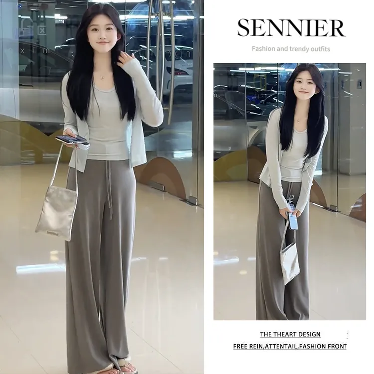 夏季温柔系穿搭女2025新款韩系慵懒百搭开衫内搭吊带休闲裤三件套