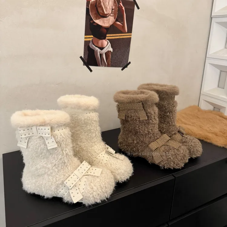 蝴蝶结厚底毛毛靴2025新款小众设计甜美短靴冬季加绒保暖雪地靴女
