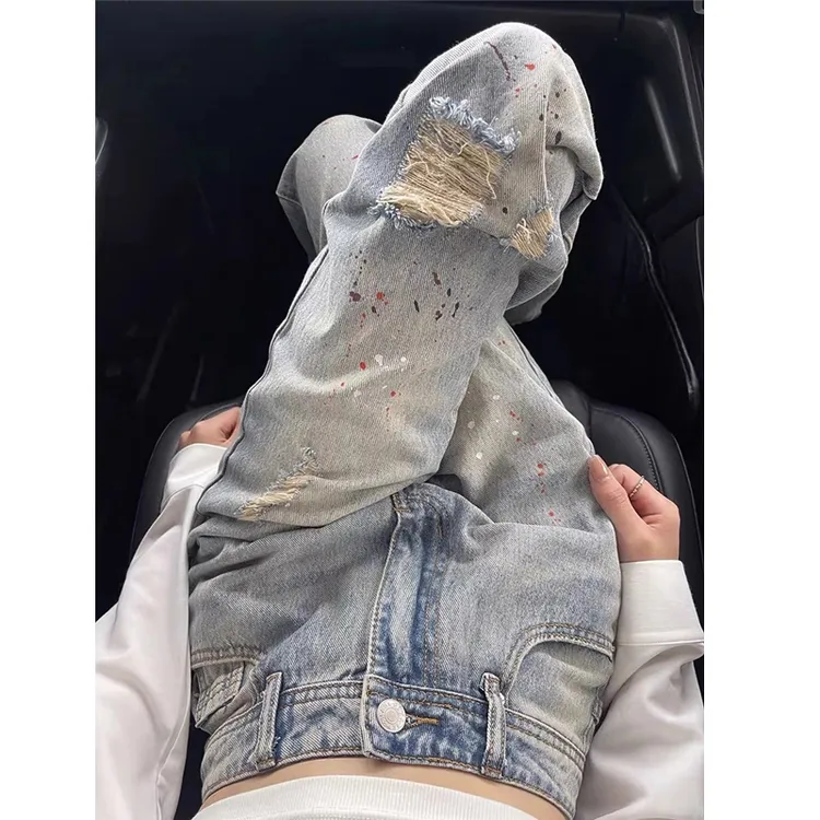 泼墨破洞直筒牛仔裤女夏季新款高腰宽松显瘦窄版阔腿裤子长裤子潮