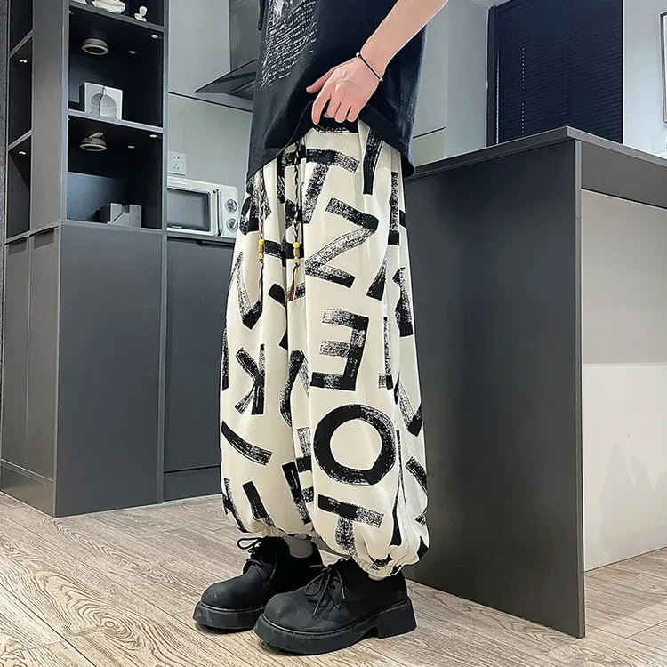 K62 中国风夏季印花灯笼裤男装大码宽松休闲裤冰丝垂感阔腿裤