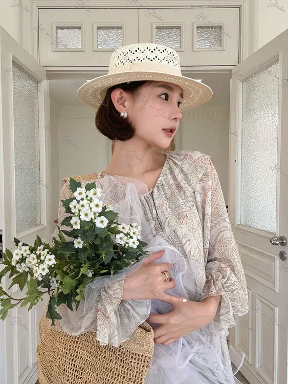 花影薄纱轻盈仙飘飘波浪边抽绳收腰长款连衣裙w1654q1