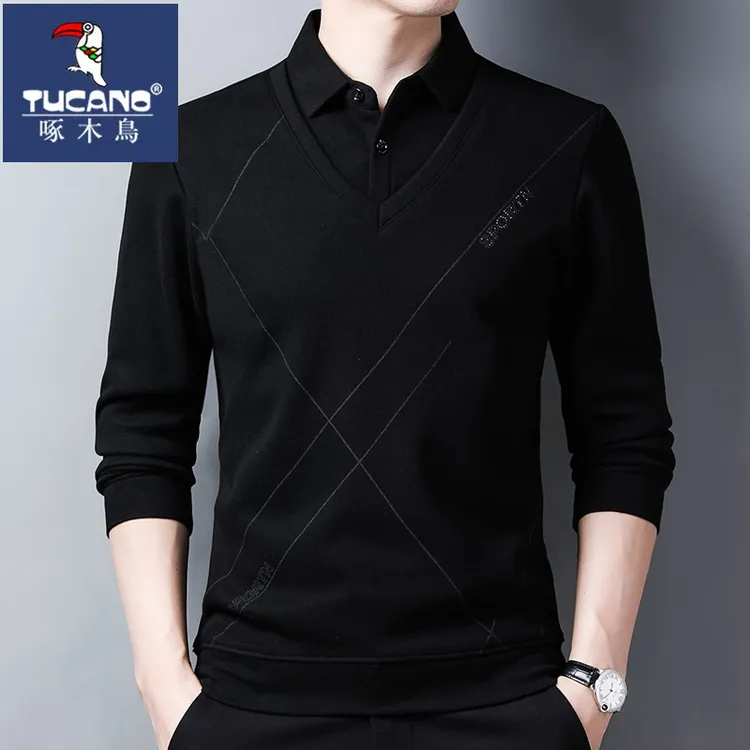 啄木鸟秋冬季新款男士假两件长袖百搭针织衫休闲时尚毛衣韩版上衣