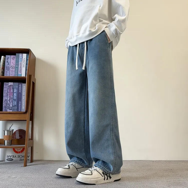 加绒厚款松紧腰宽松直筒牛仔裤男装长裤子