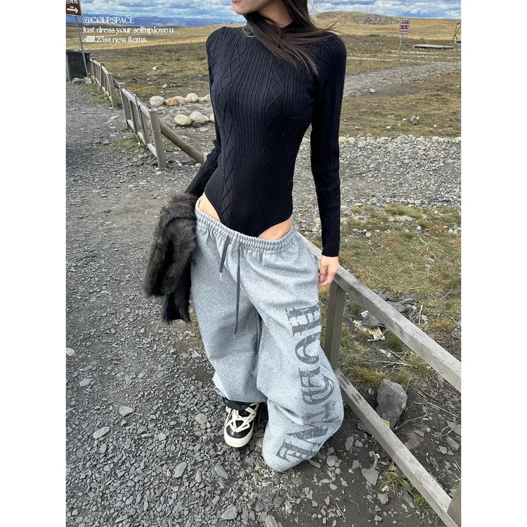 美式复古烫钻加绒弯刀休闲裤女秋冬季宽松阔腿爵士舞百搭长裤