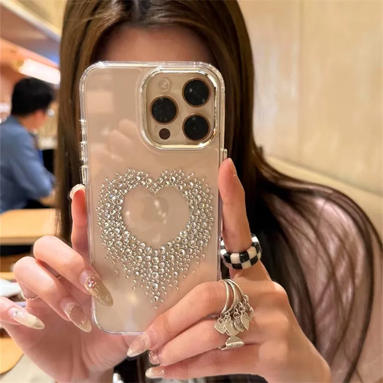 镶钻爱心适用苹果16Promax手机壳iPhone15Pro奢华高档14Pro硅胶透