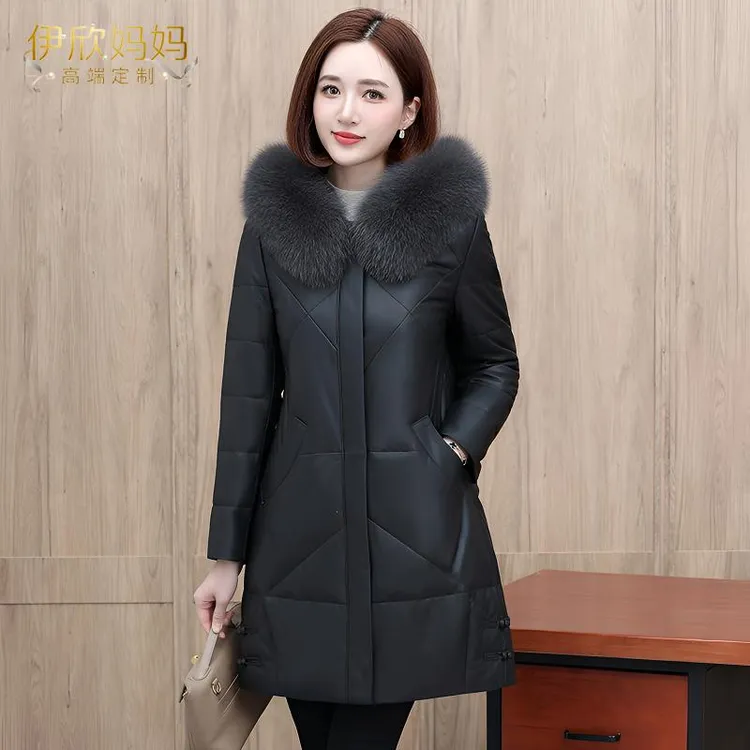 海宁皮衣女外套2025冬季新款羽绒棉服中长款连帽修身加厚棉袄女款