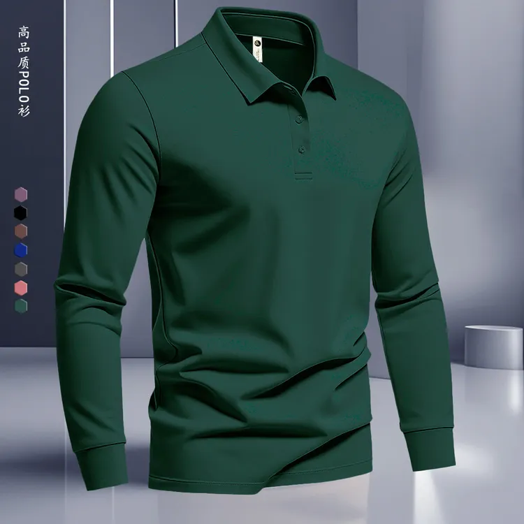 美式男士POLO衫长袖带领有领翻领T恤上衣春秋季打底纯色商务休闲
